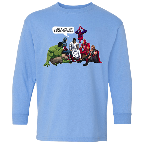 Jesus and Superheroes: And that's how I saved the World Kid, Youth Shirt - TeesGrab